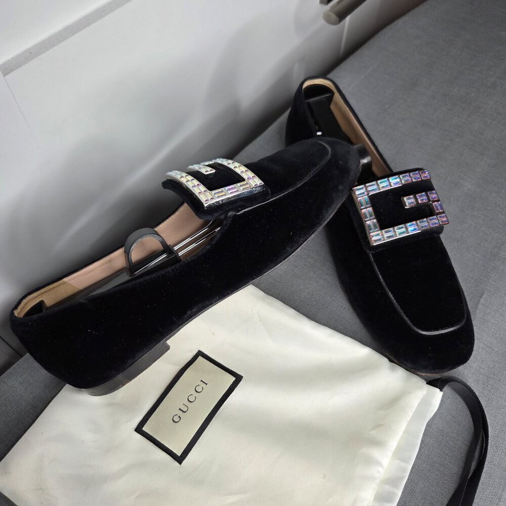 Authenticated Gucci Women's Crystal Black Velvet Slip-On Loafers - Size 38.5 - Picture 3 of 9